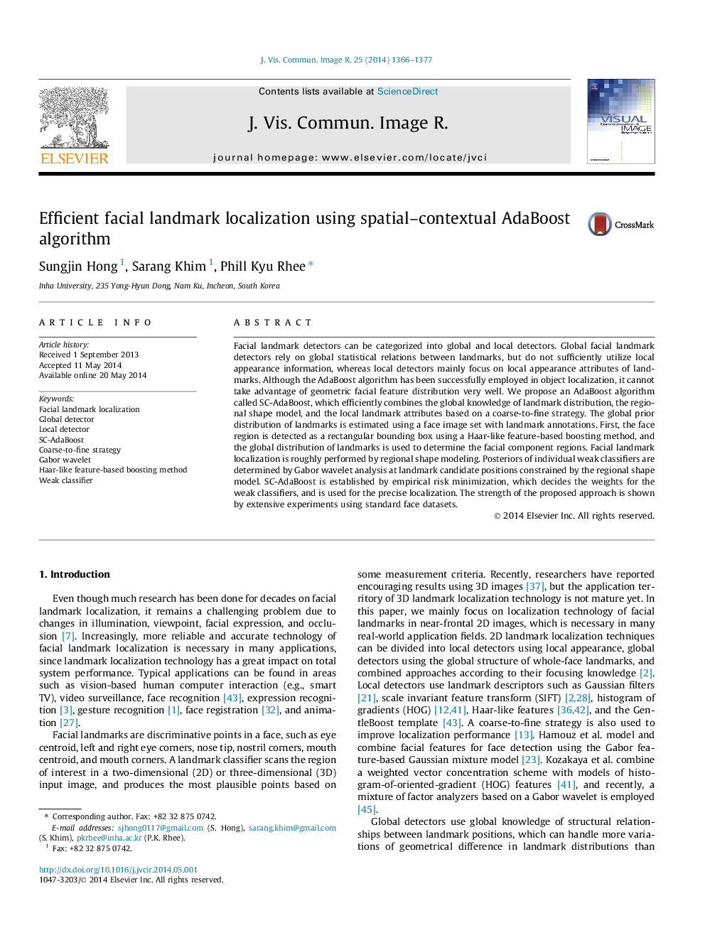 Efficient facial landmark localization using spatial–contextual AdaBoost algorithm