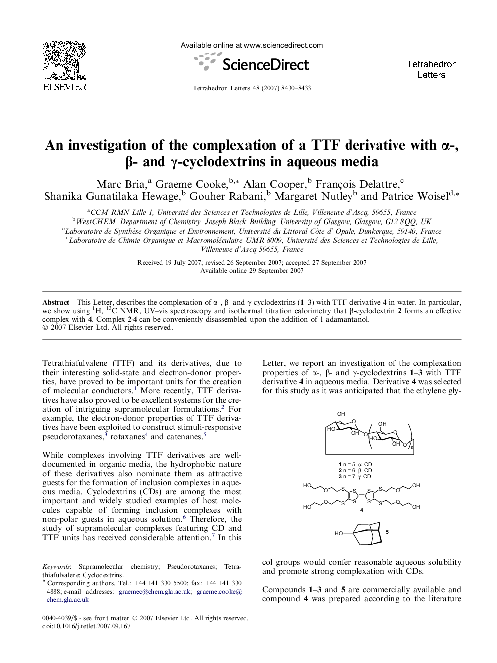 An investigation of the complexation of a TTF derivative with Î±-, Î²- and Î³-cyclodextrins in aqueous media