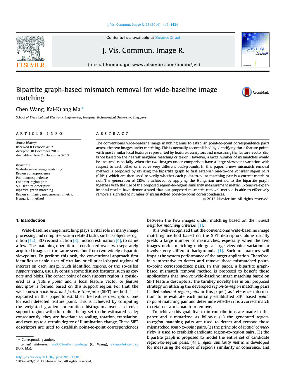 Bipartite graph-based mismatch removal for wide-baseline image matching