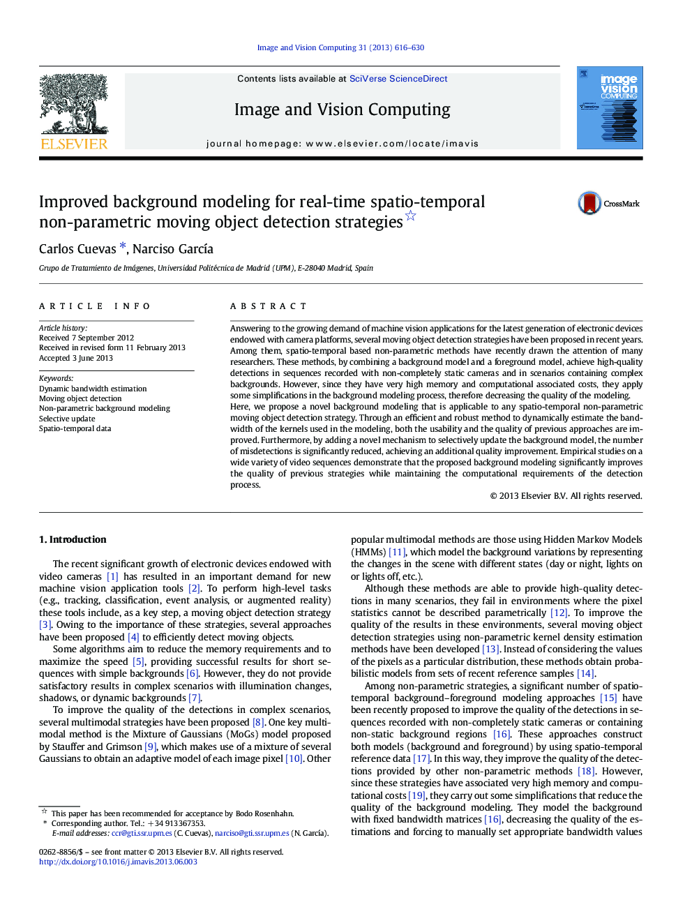 Improved background modeling for real-time spatio-temporal non-parametric moving object detection strategies 