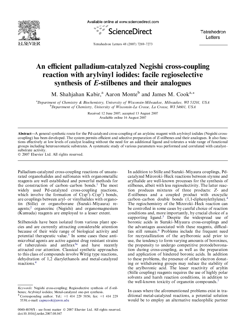 An efficient palladium-catalyzed Negishi cross-coupling reaction with arylvinyl iodides: facile regioselective synthesis of E-stilbenes and their analogues