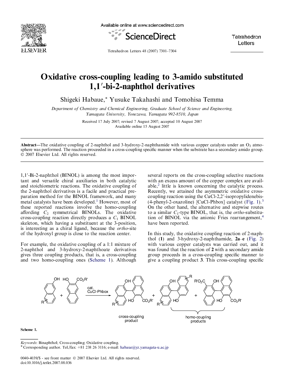 Oxidative cross-coupling leading to 3-amido substituted 1,1â²-bi-2-naphthol derivatives