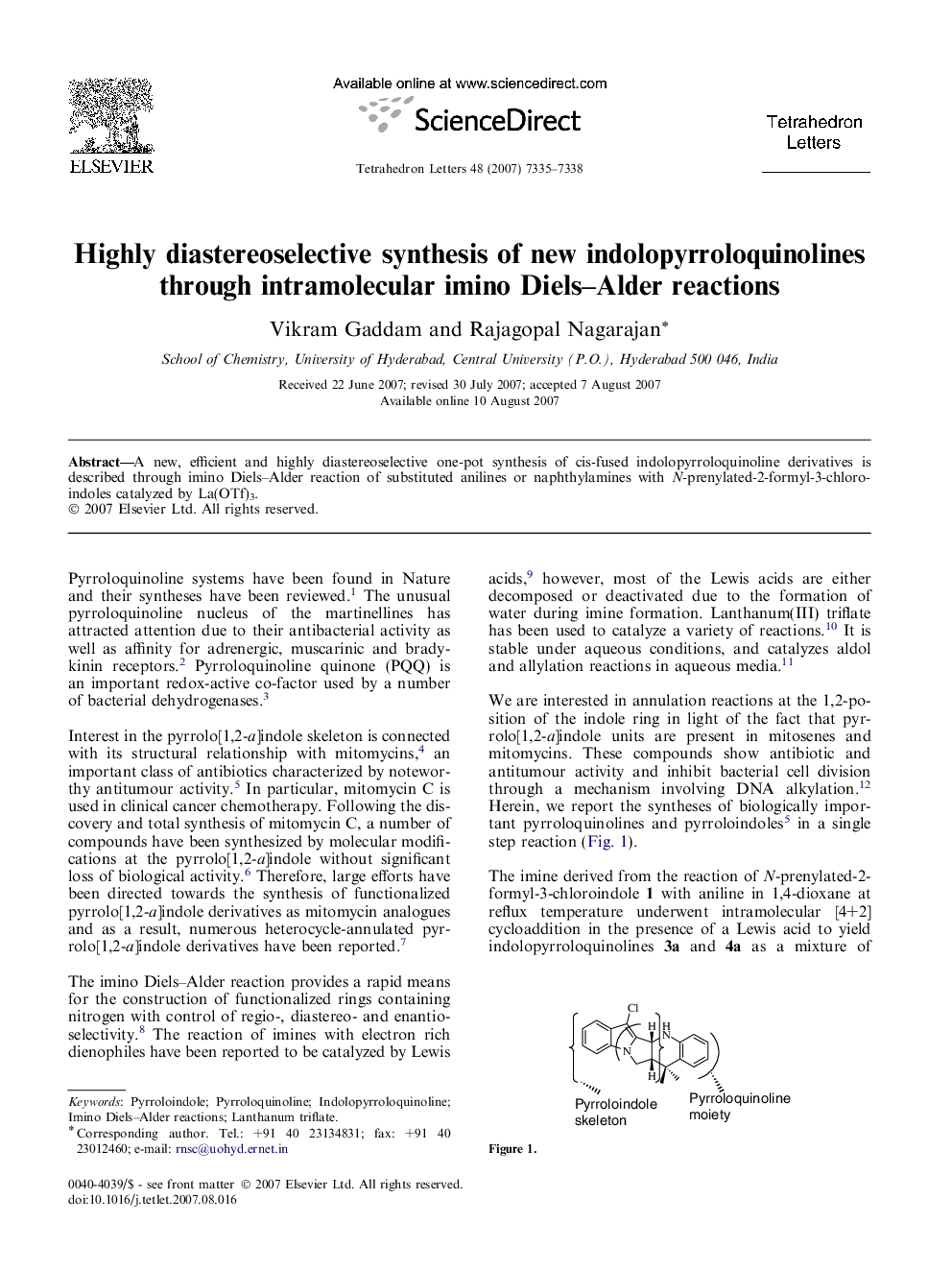 Highly diastereoselective synthesis of new indolopyrroloquinolines through intramolecular imino Diels-Alder reactions