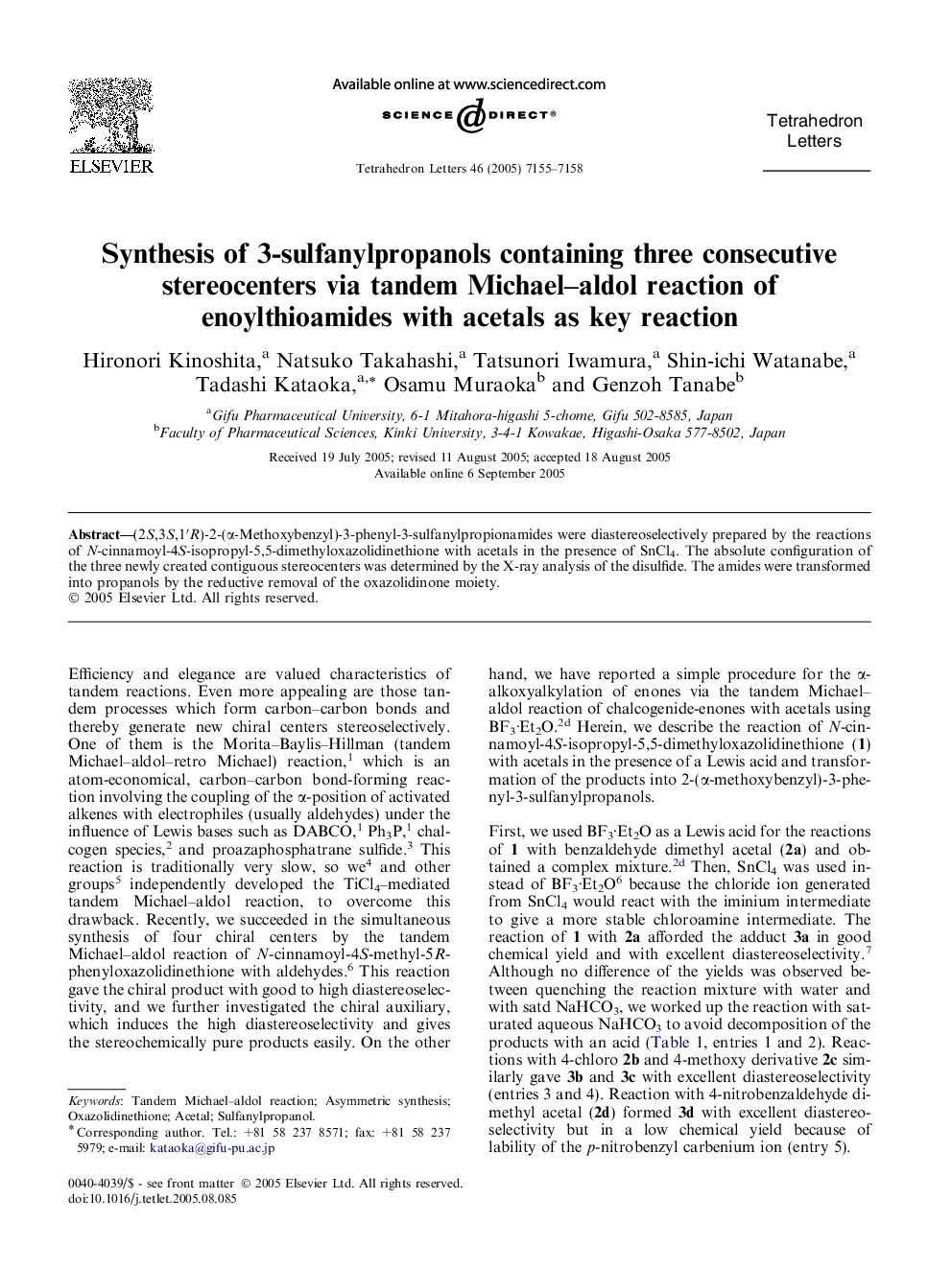 Synthesis of 3-sulfanylpropanols containing three consecutive stereocenters via tandem Michael-aldol reaction of enoylthioamides with acetals as key reaction