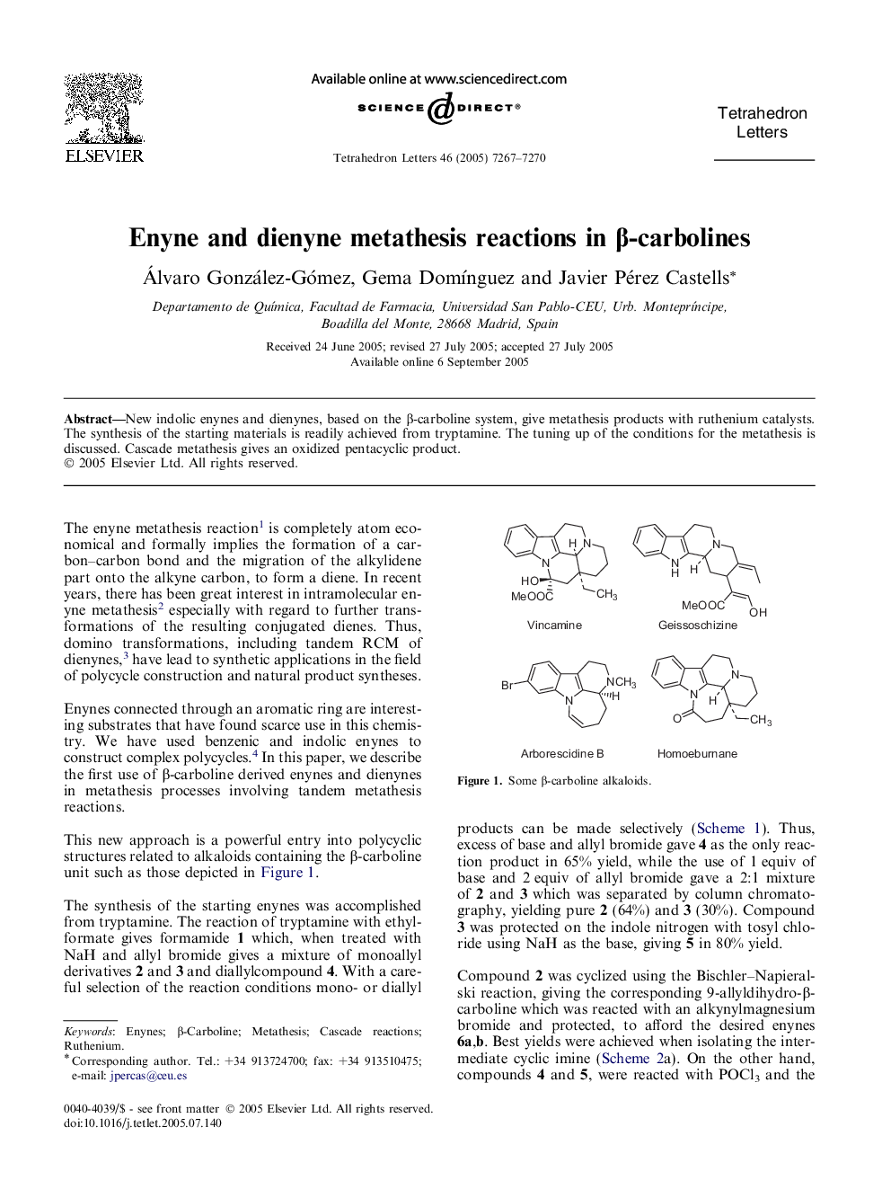 Enyne and dienyne metathesis reactions in Î²-carbolines