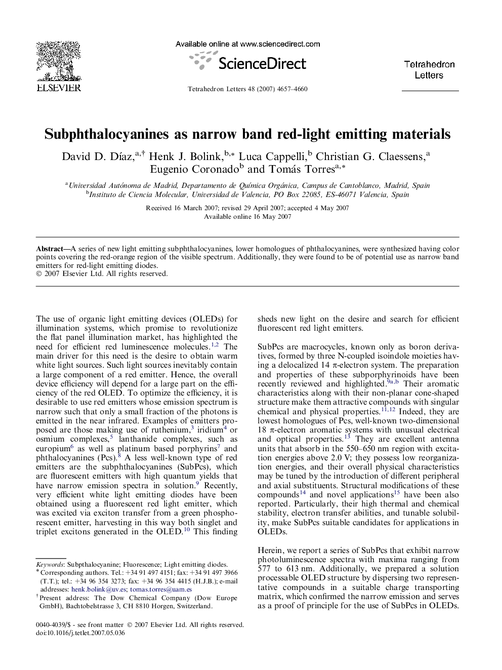 Subphthalocyanines as narrow band red-light emitting materials