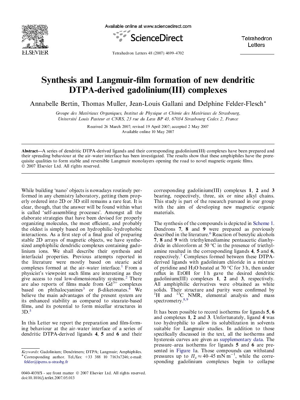 Synthesis and Langmuir-film formation of new dendritic DTPA-derived gadolinium(III) complexes