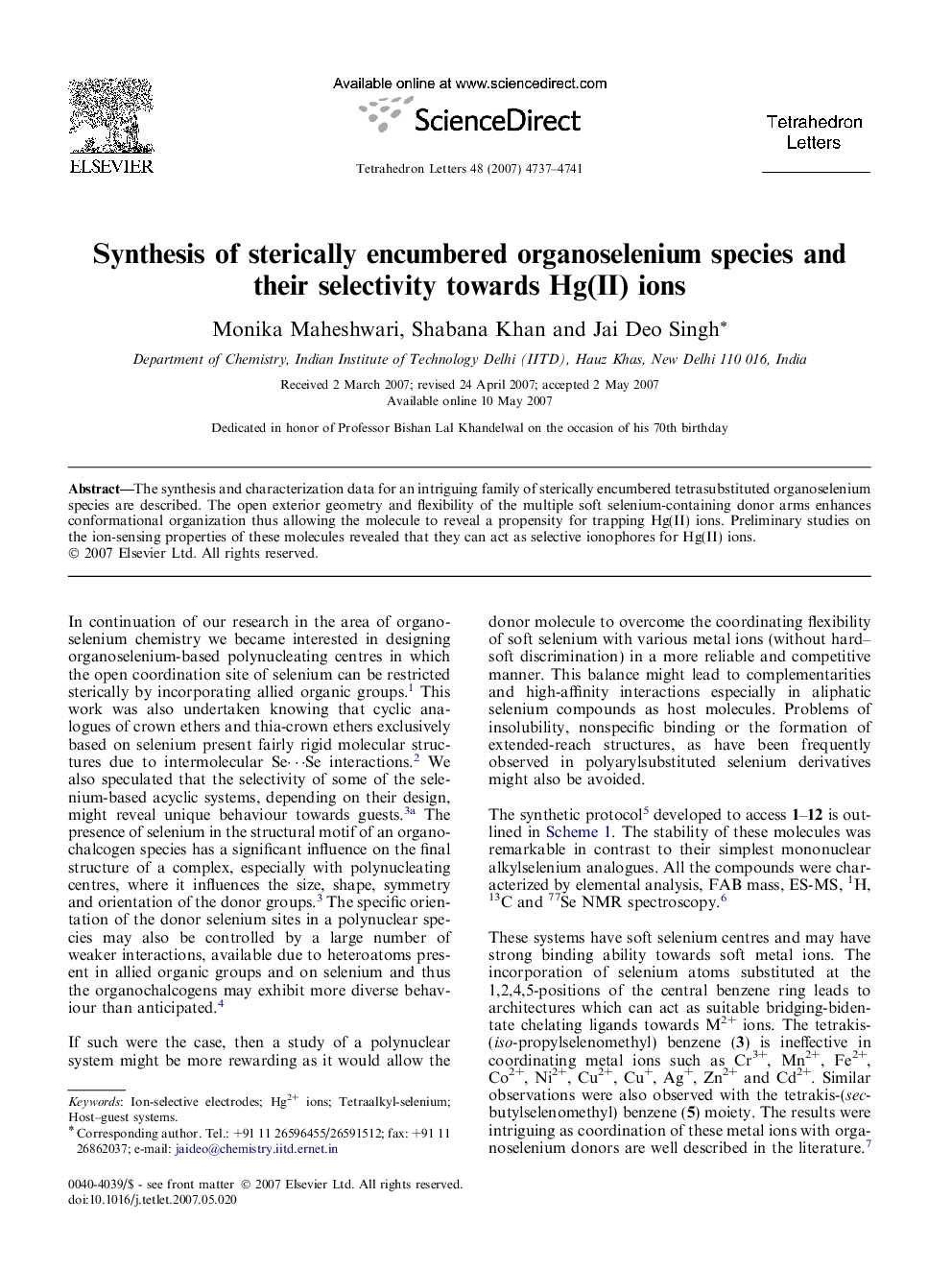 Synthesis of sterically encumbered organoselenium species and their selectivity towards Hg(II) ions