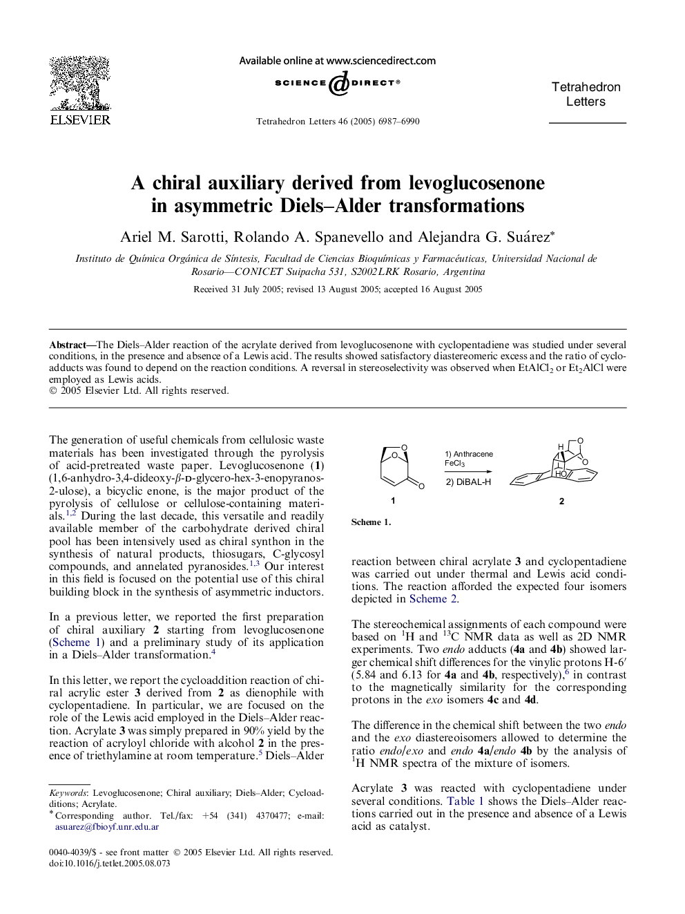 A chiral auxiliary derived from levoglucosenone in asymmetric Diels-Alder transformations