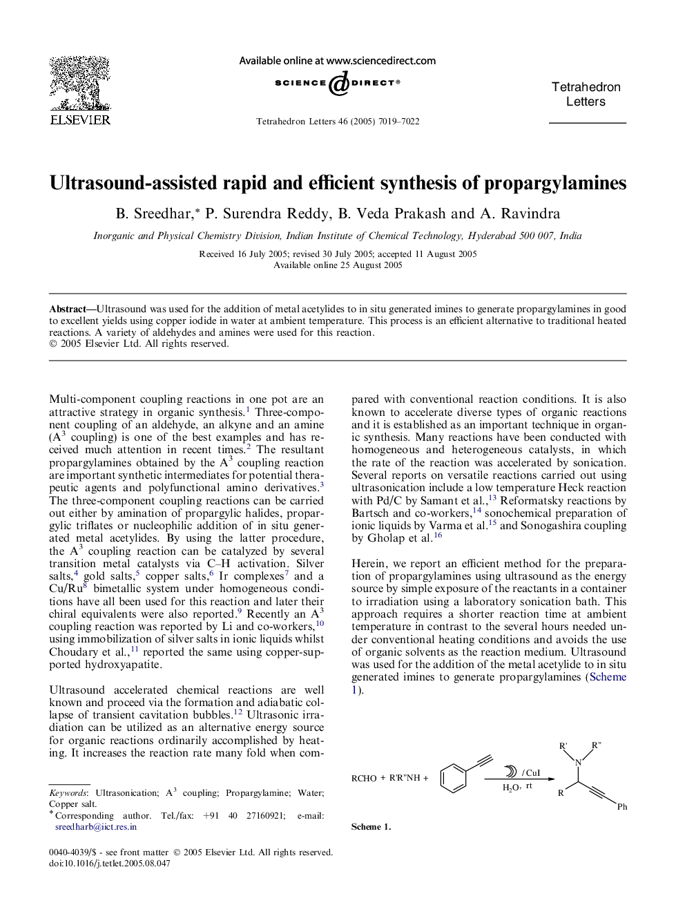 Ultrasound-assisted rapid and efficient synthesis of propargylamines