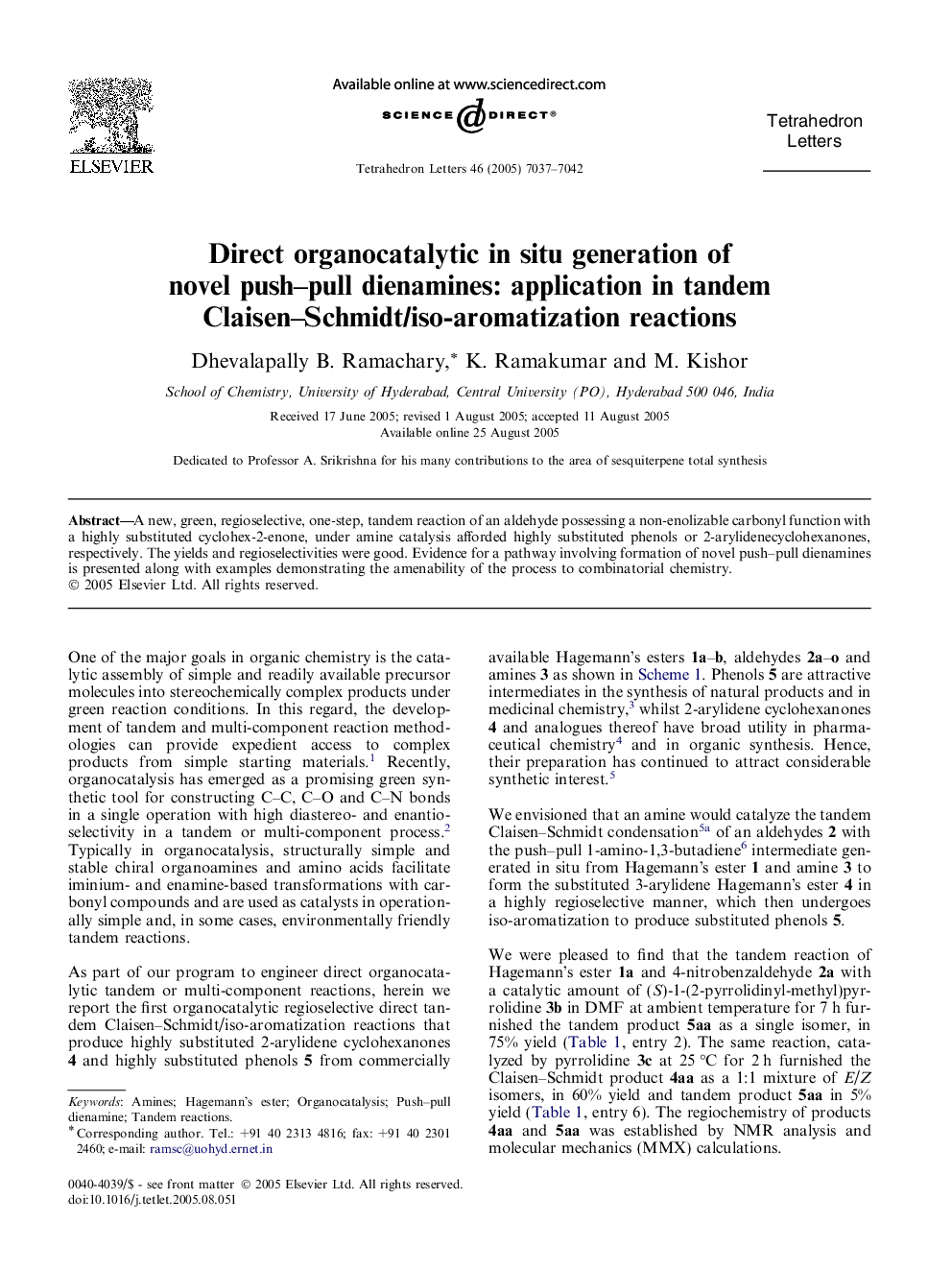 Direct organocatalytic in situ generation of novel push-pull dienamines: application in tandem Claisen-Schmidt/iso-aromatization reactions