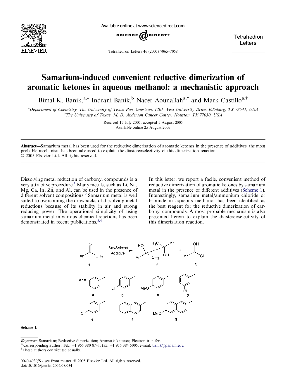 Samarium-induced convenient reductive dimerization of aromatic ketones in aqueous methanol: a mechanistic approach