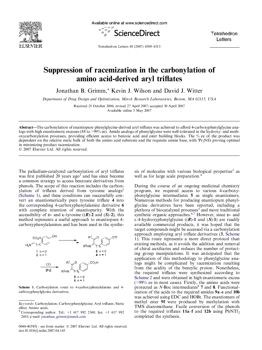 Suppression of racemization in the carbonylation of amino acid-derived aryl triflates