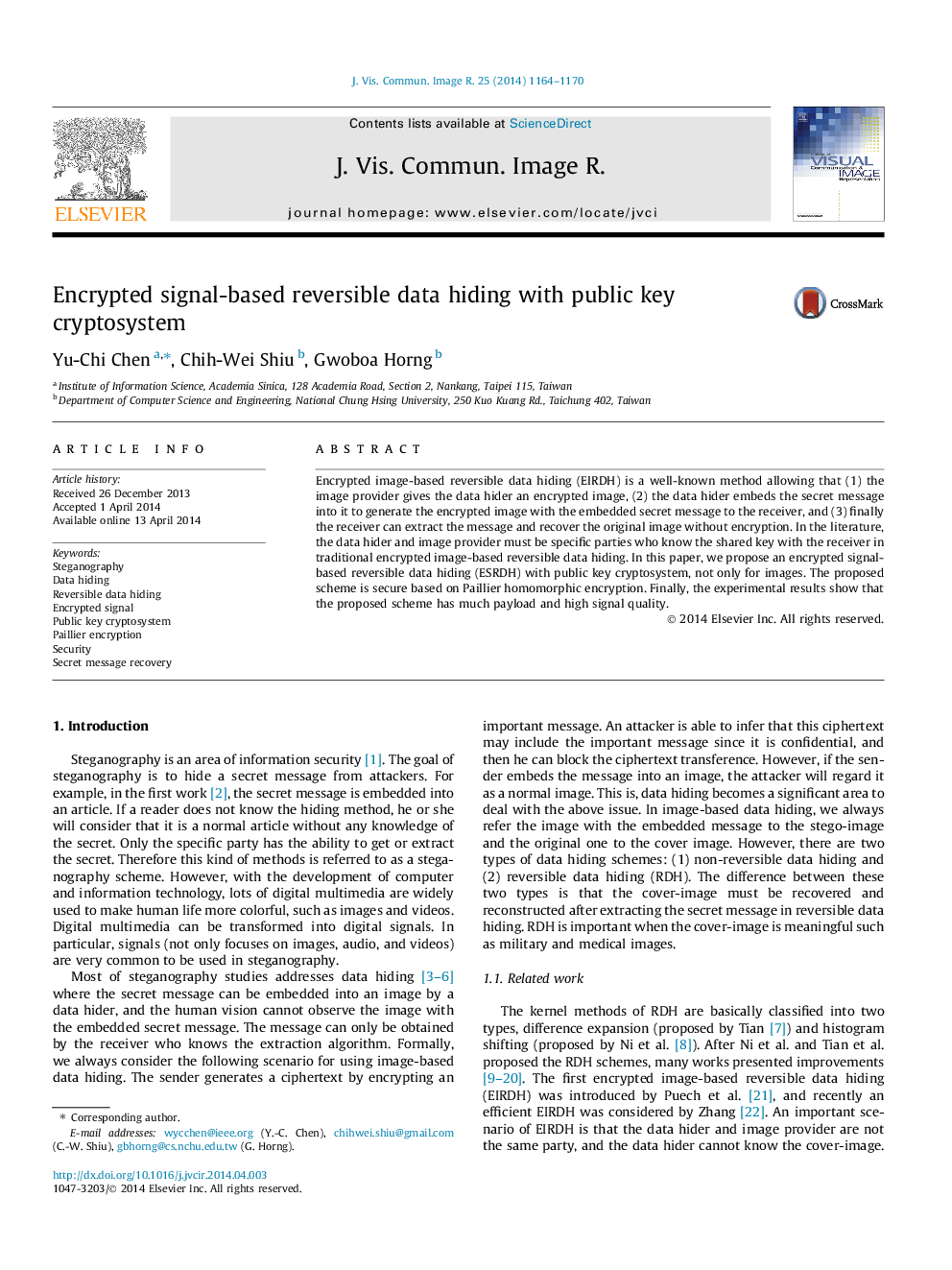 Encrypted signal-based reversible data hiding with public key cryptosystem