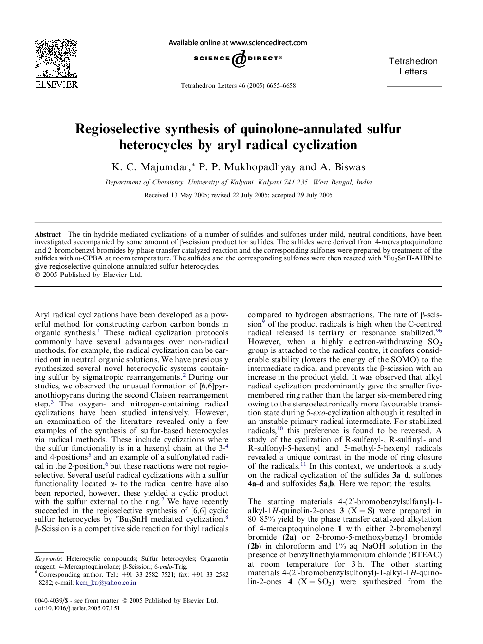 Regioselective synthesis of quinolone-annulated sulfur heterocycles by aryl radical cyclization