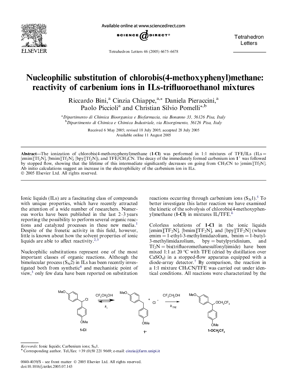 Nucleophilic substitution of chlorobis(4-methoxyphenyl)methane: reactivity of carbenium ions in ILs-trifluoroethanol mixtures