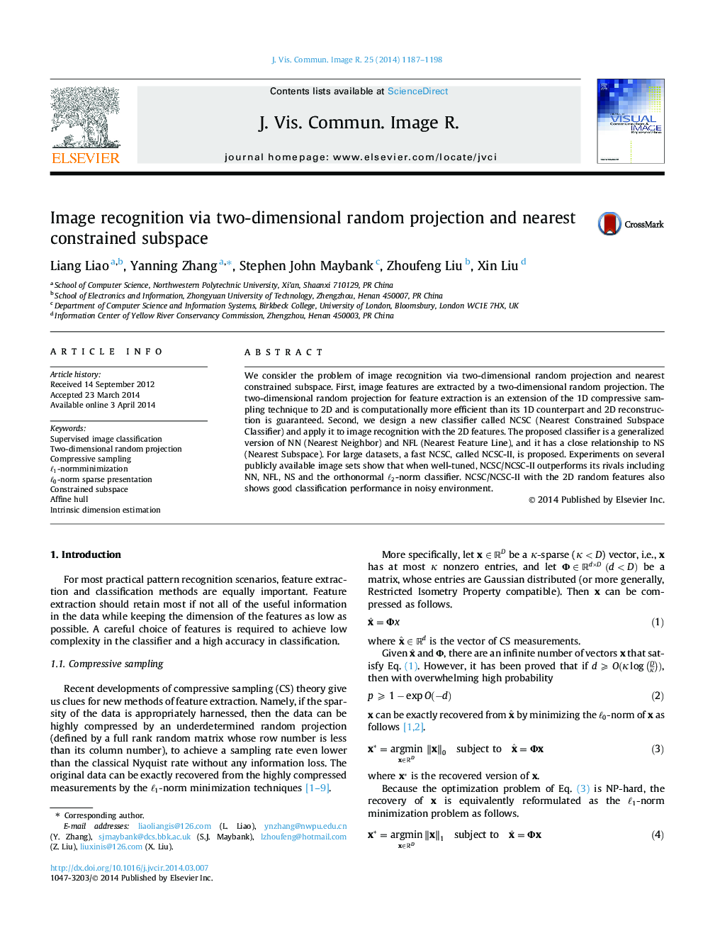 Image recognition via two-dimensional random projection and nearest constrained subspace