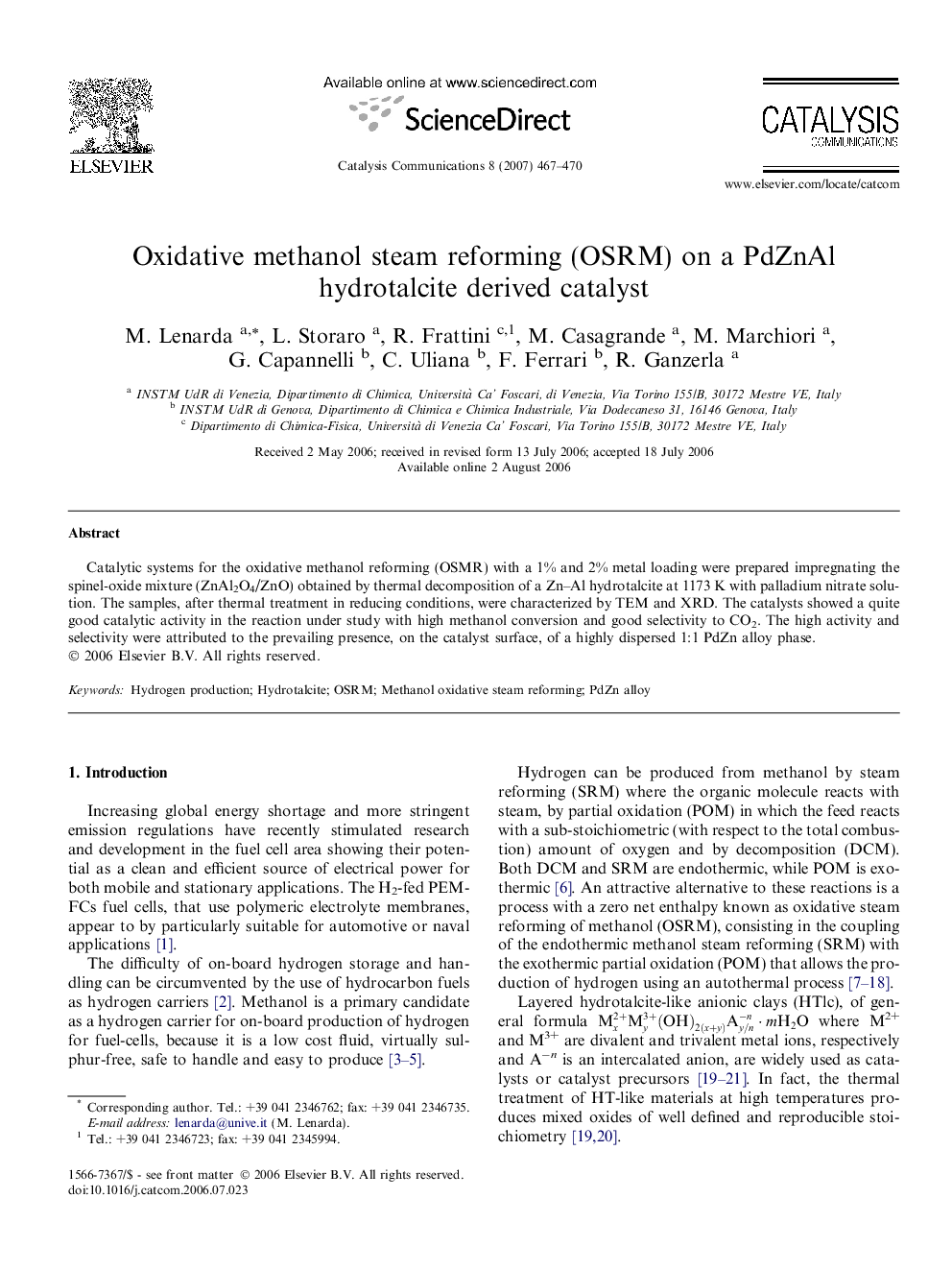 Oxidative methanol steam reforming (OSRM) on a PdZnAl hydrotalcite derived catalyst