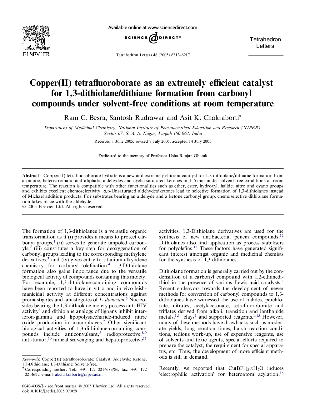 Copper(II) tetrafluoroborate as an extremely efficient catalyst for 1,3-dithiolane/dithiane formation from carbonyl compounds under solvent-free conditions at room temperature