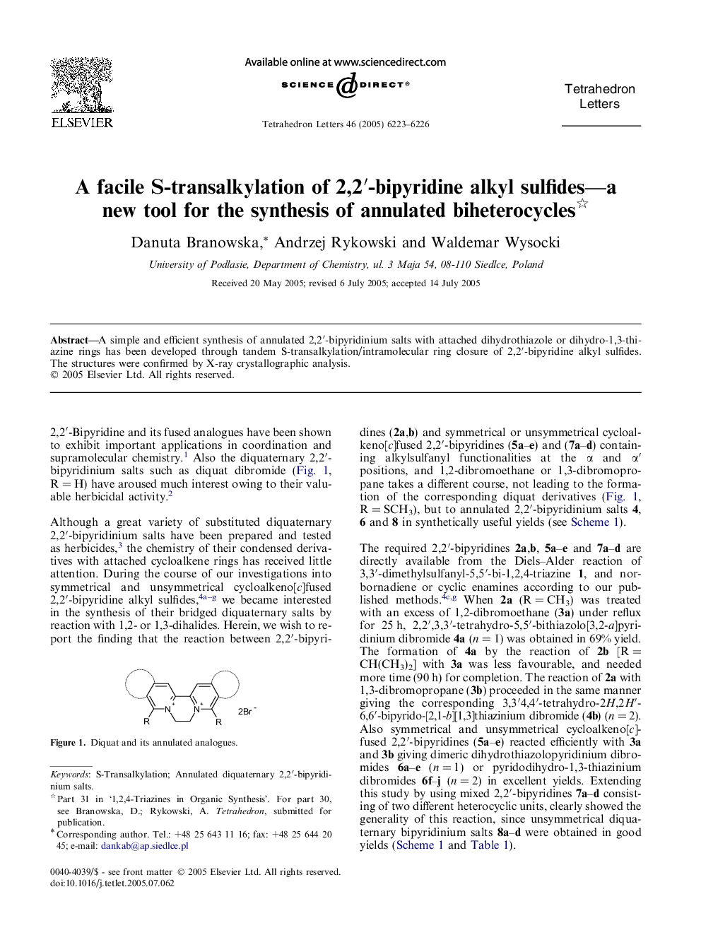 A facile S-transalkylation of 2,2â²-bipyridine alkyl sulfides-a new tool for the synthesis of annulated biheterocycles
