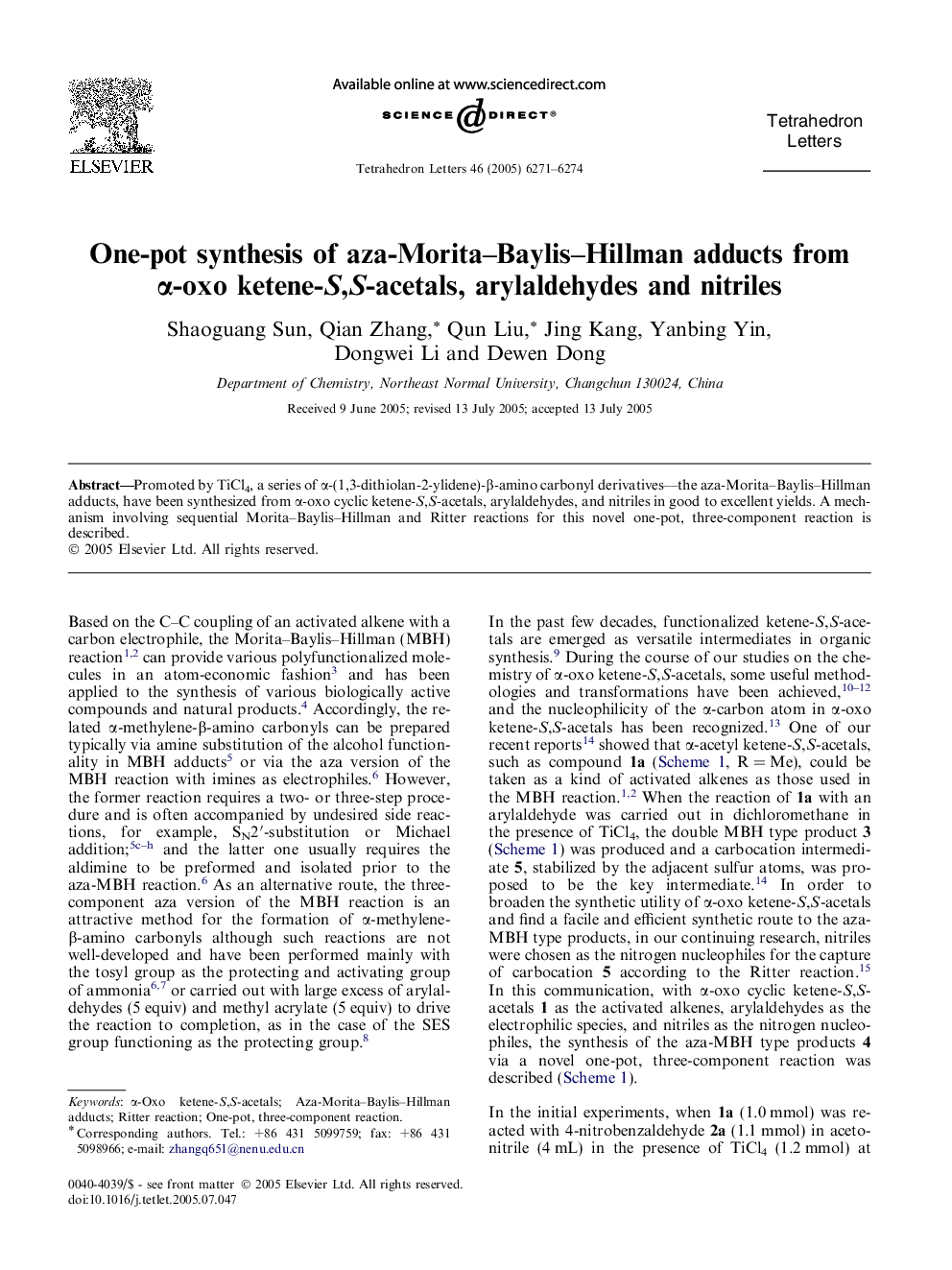 One-pot synthesis of aza-Morita-Baylis-Hillman adducts from Î±-oxo ketene-S,S-acetals, arylaldehydes and nitriles