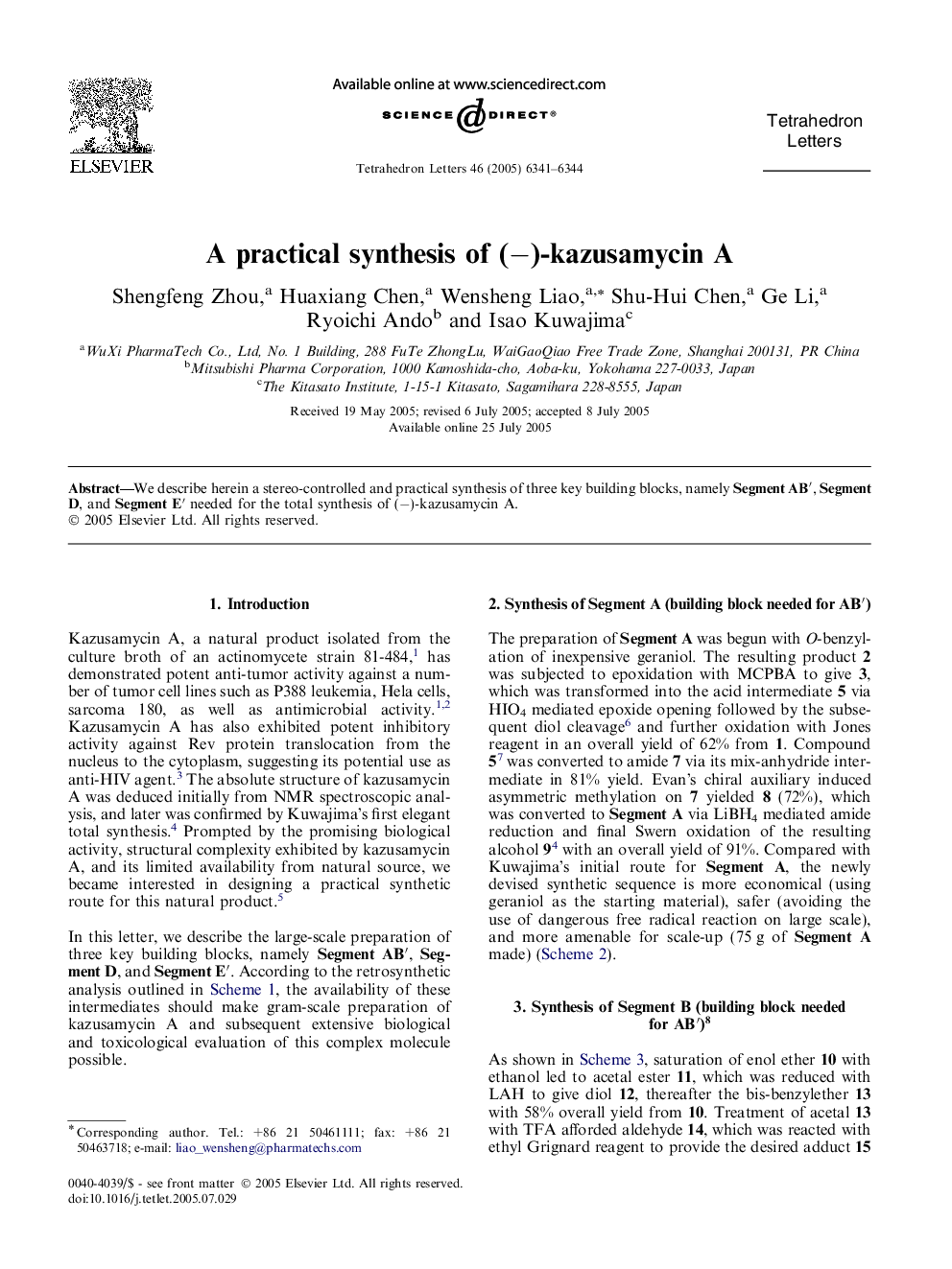 عکس صفحه اول مقاله: A practical synthesis of (â)-kazusamycin A (revised) A practical synthesis of (â)-kazusamycin A (revised)