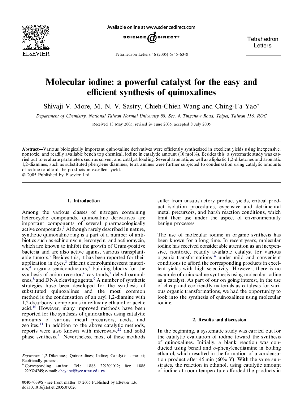 Molecular iodine: a powerful catalyst for the easy and efficient synthesis of quinoxalines