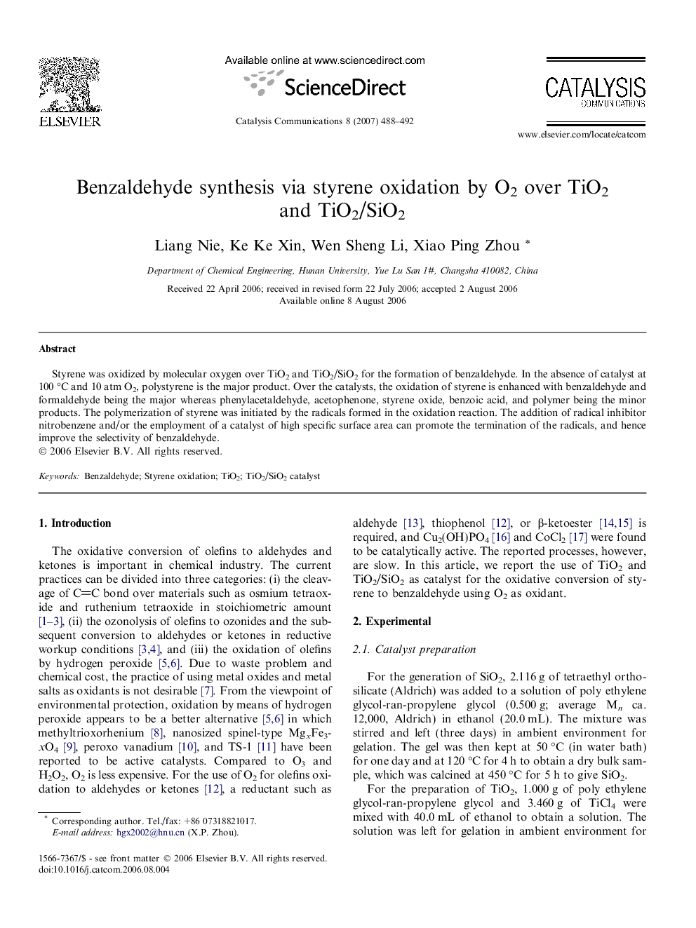 Benzaldehyde synthesis via styrene oxidation by O2 over TiO2 and TiO2/SiO2