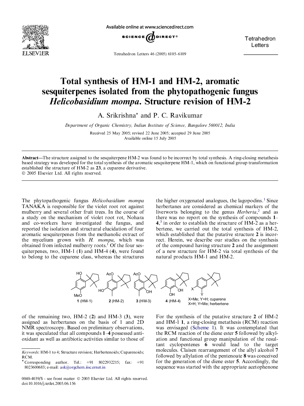 Total synthesis of HM-1 and HM-2, aromatic sesquiterpenes isolated from the phytopathogenic fungus Helicobasidium mompa. Structure revision of HM-2