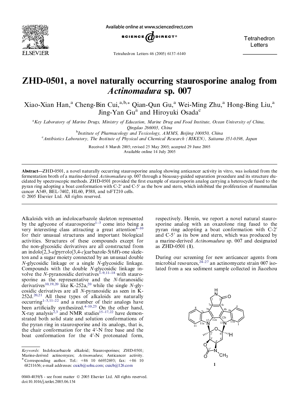 ZHD-0501, a novel naturally occurring staurosporine analog from Actinomadura sp. 007