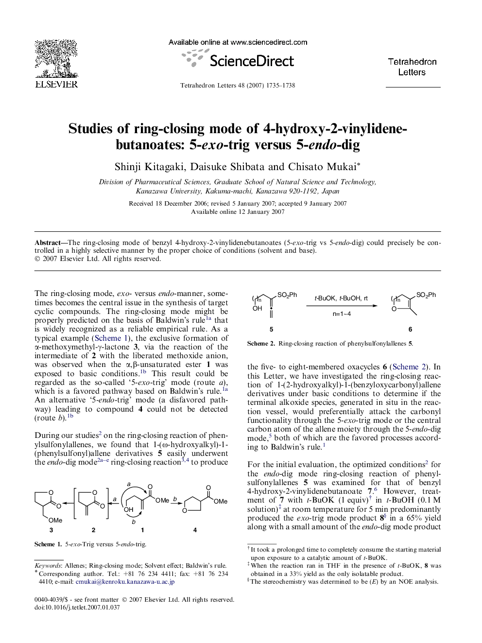 Studies of ring-closing mode of 4-hydroxy-2-vinylidenebutanoates: 5-exo-trig versus 5-endo-dig