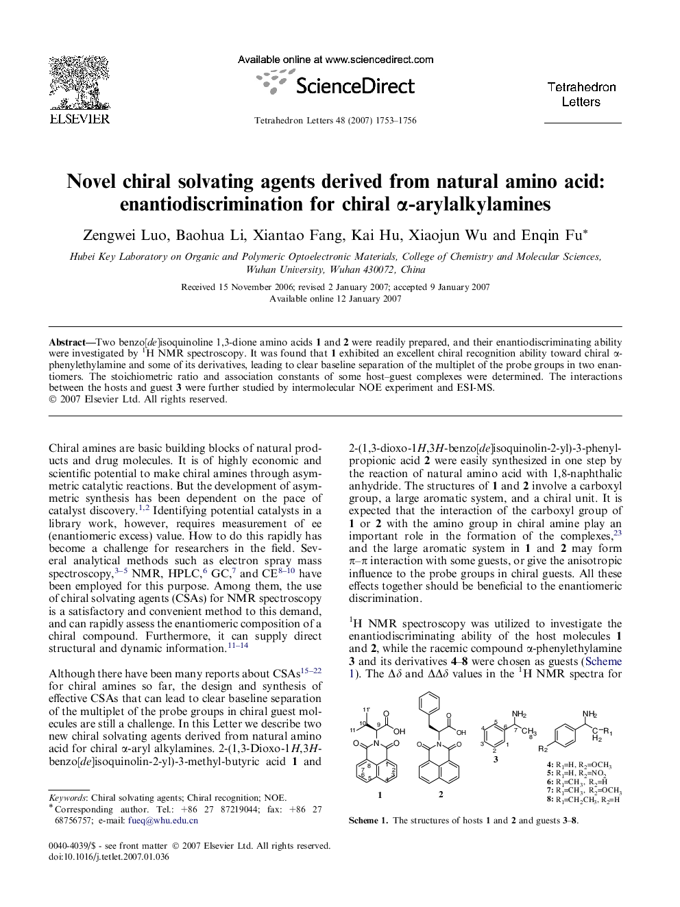 Novel chiral solvating agents derived from natural amino acid: enantiodiscrimination for chiral Î±-arylalkylamines