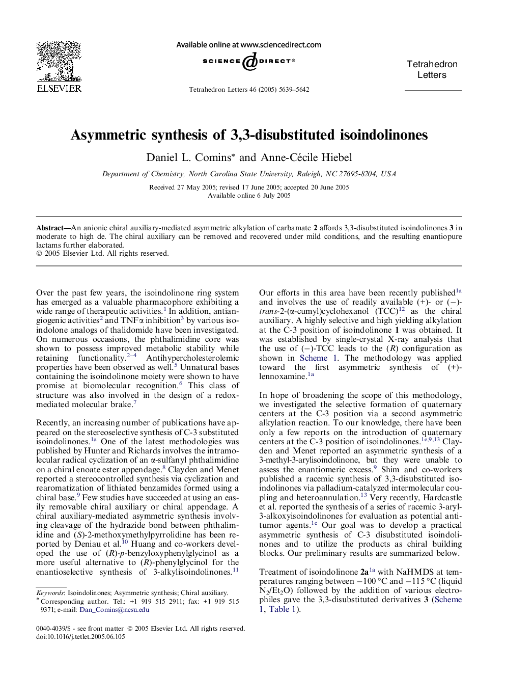 Asymmetric synthesis of 3,3-disubstituted isoindolinones