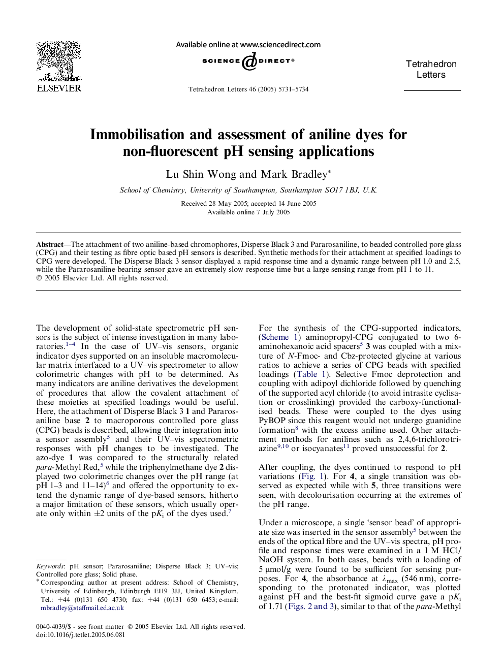 Immobilisation and assessment of aniline dyes for non-fluorescent pH sensing applications