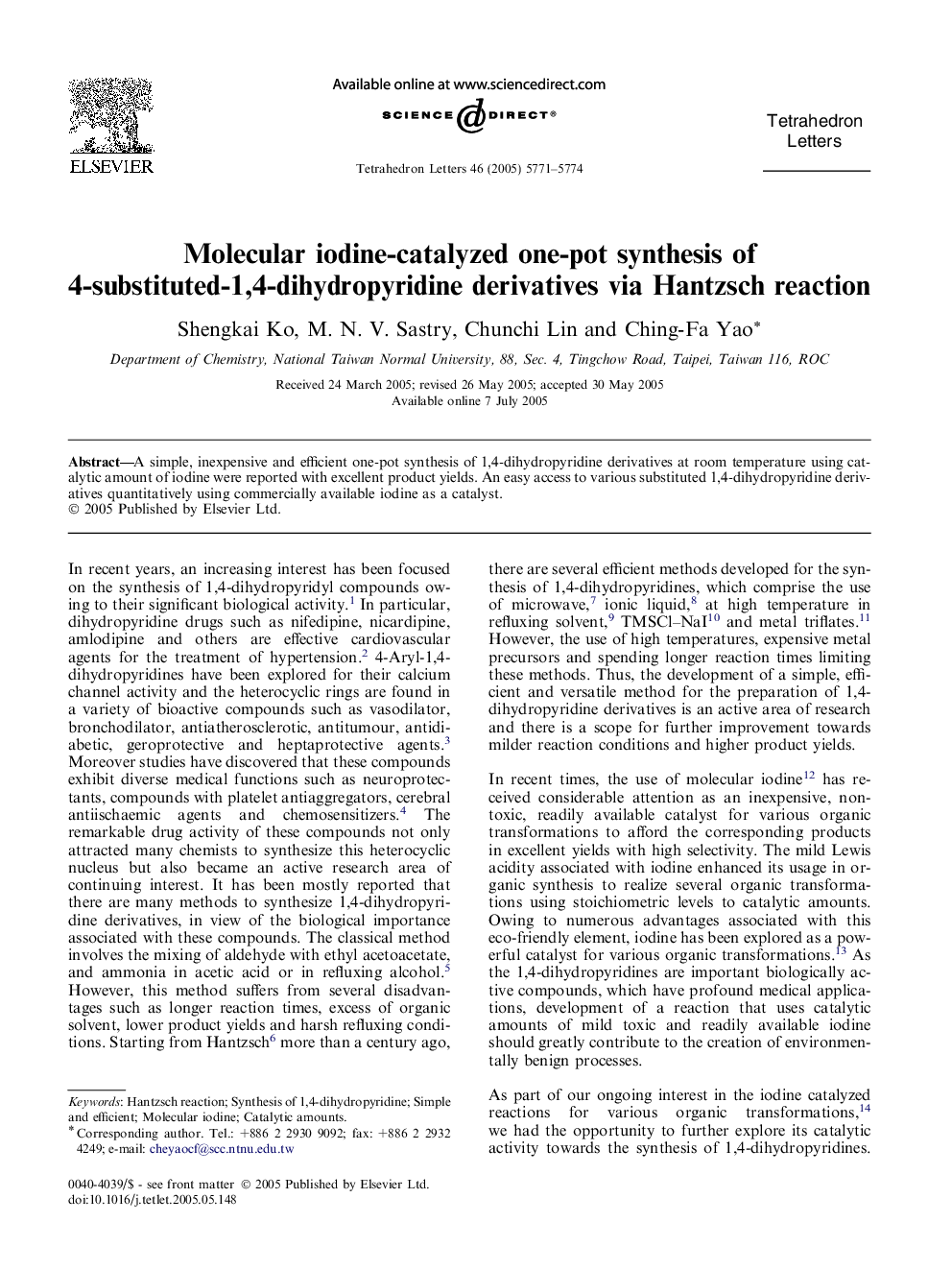 Molecular iodine-catalyzed one-pot synthesis of 4-substituted-1,4-dihydropyridine derivatives via Hantzsch reaction