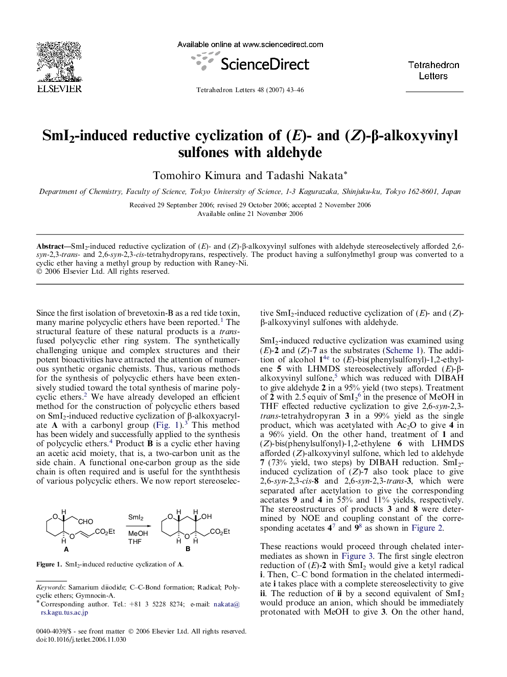 SmI2-induced reductive cyclization of (E)- and (Z)-Î²-alkoxyvinyl sulfones with aldehyde