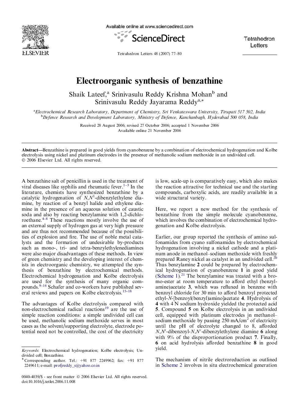 Electroorganic synthesis of benzathine