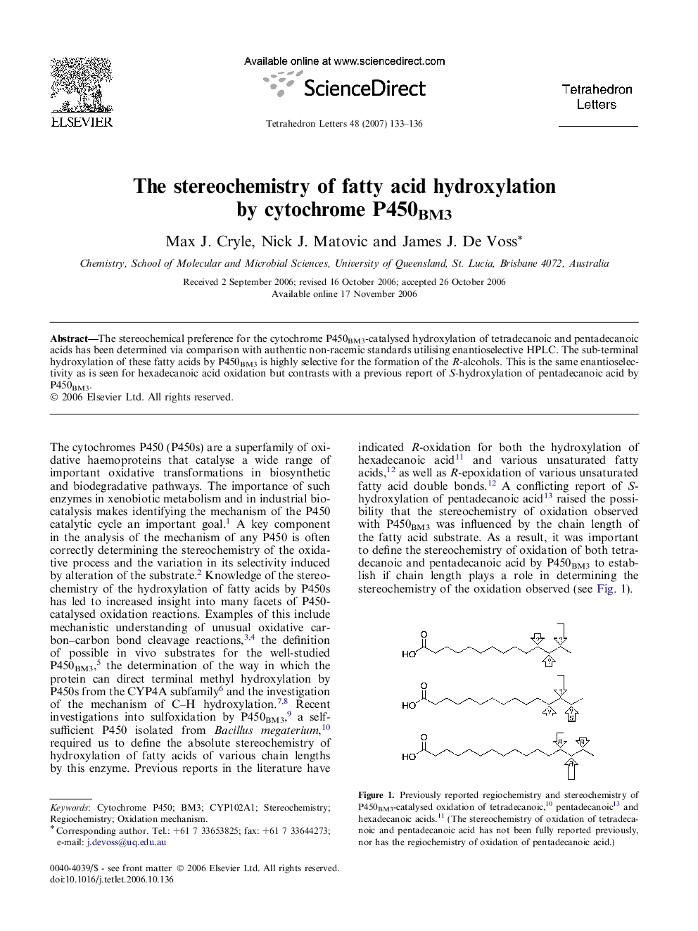 The stereochemistry of fatty acid hydroxylation by cytochrome P450BM3