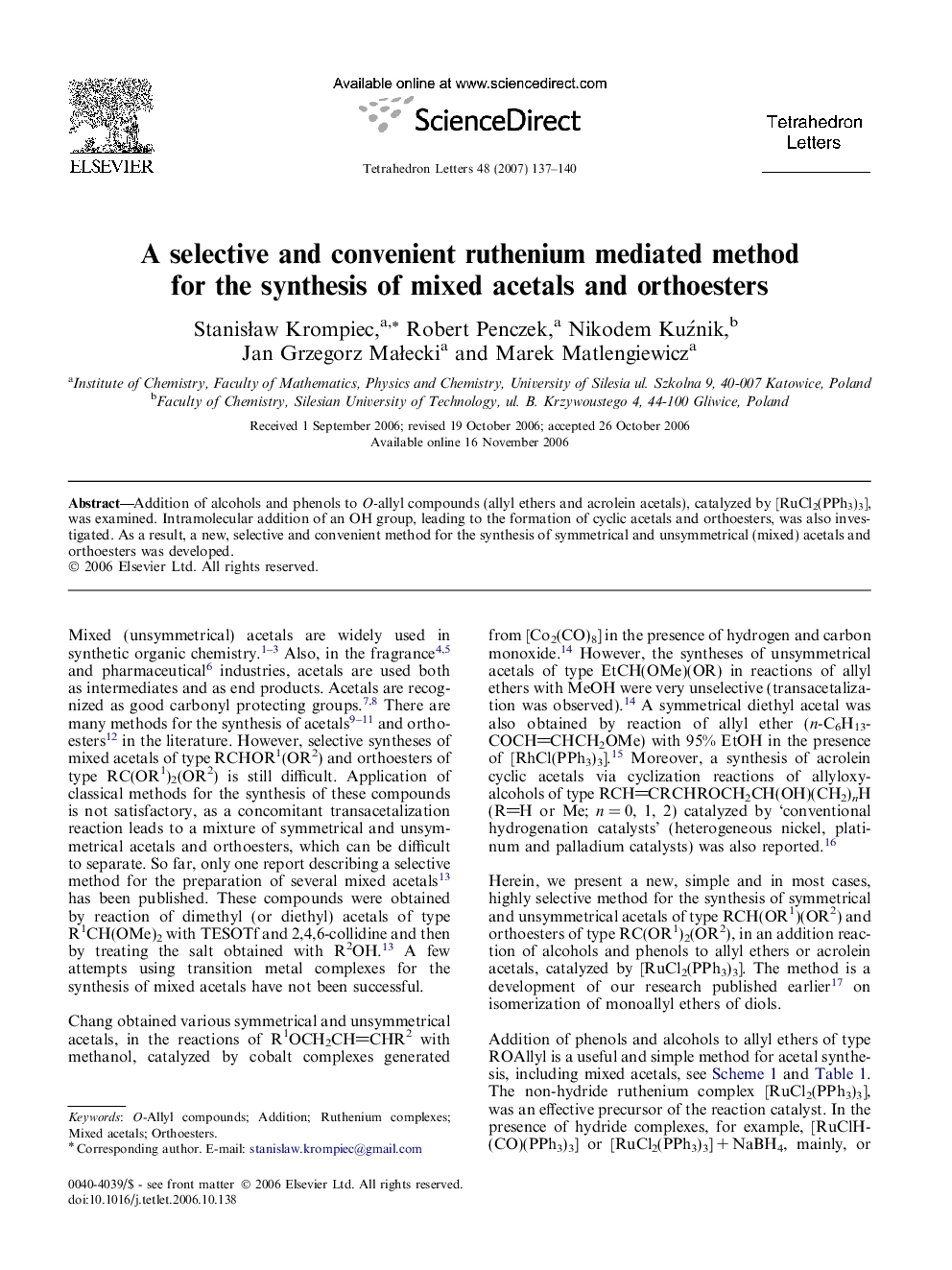 A selective and convenient ruthenium mediated method for the synthesis of mixed acetals and orthoesters