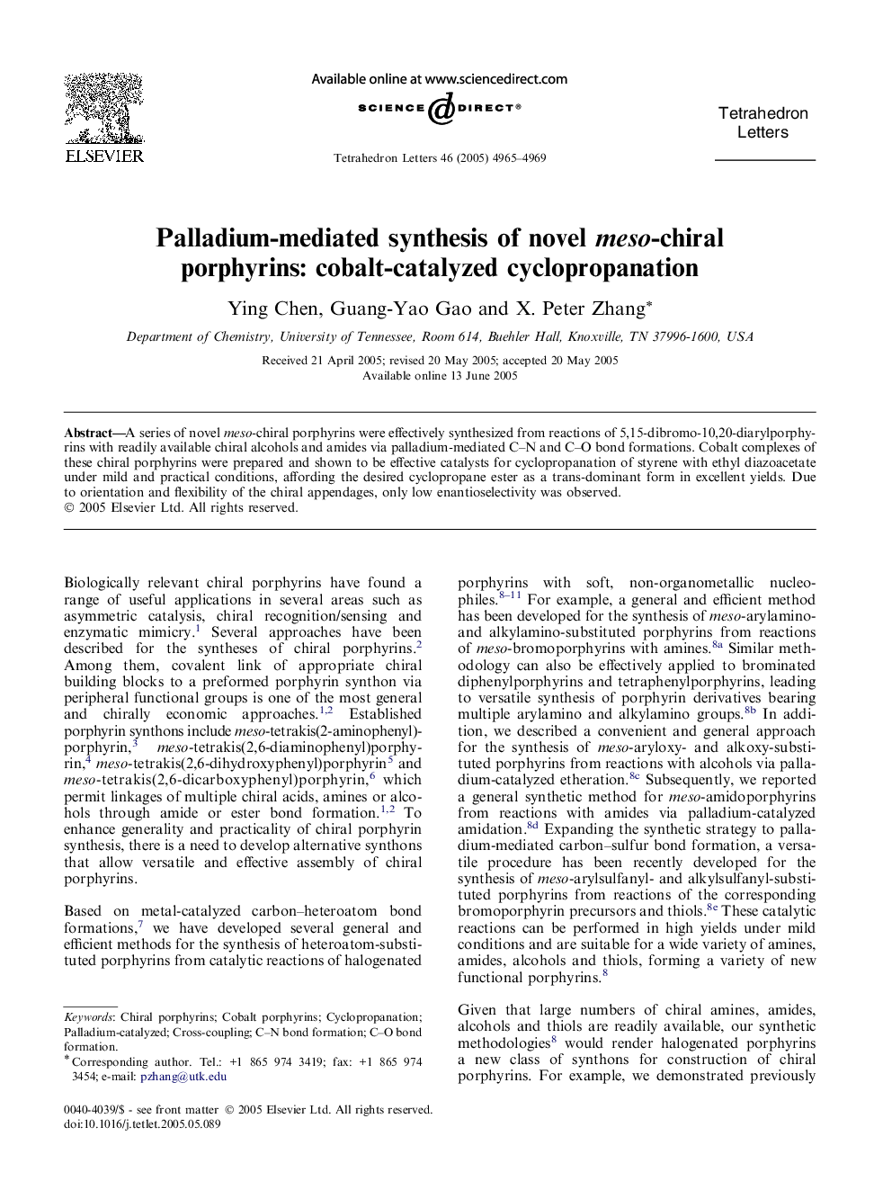 Palladium-mediated synthesis of novel meso-chiral porphyrins: cobalt-catalyzed cyclopropanation