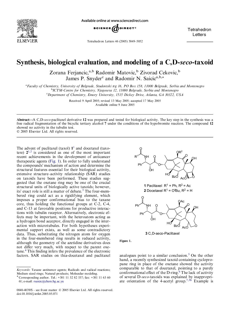 Synthesis, biological evaluation, and modeling of a C,D-seco-taxoid