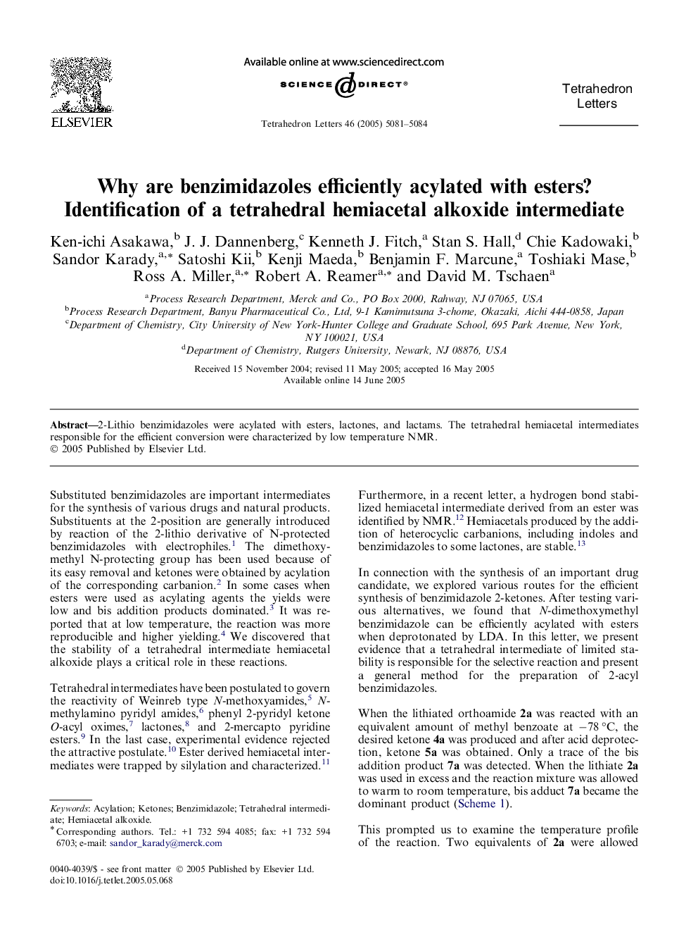 Why are benzimidazoles efficiently acylated with esters? Identification of a tetrahedral hemiacetal alkoxide intermediate