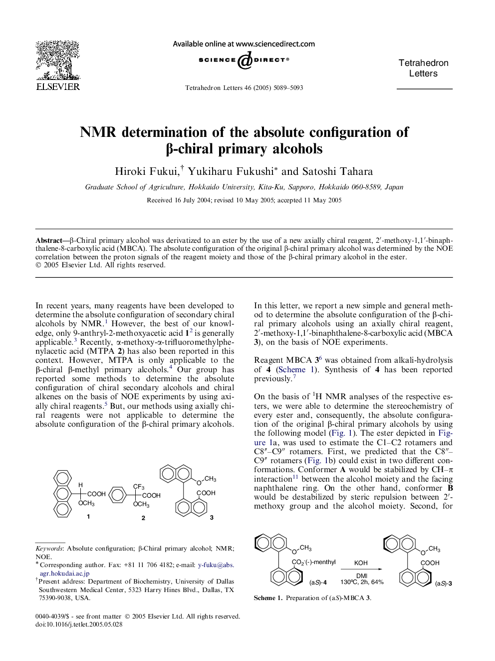 NMR determination of the absolute configuration of Î²-chiral primary alcohols
