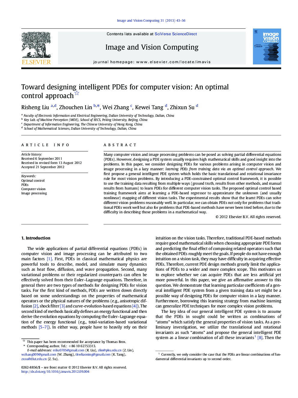 Toward designing intelligent PDEs for computer vision: An optimal control approach 