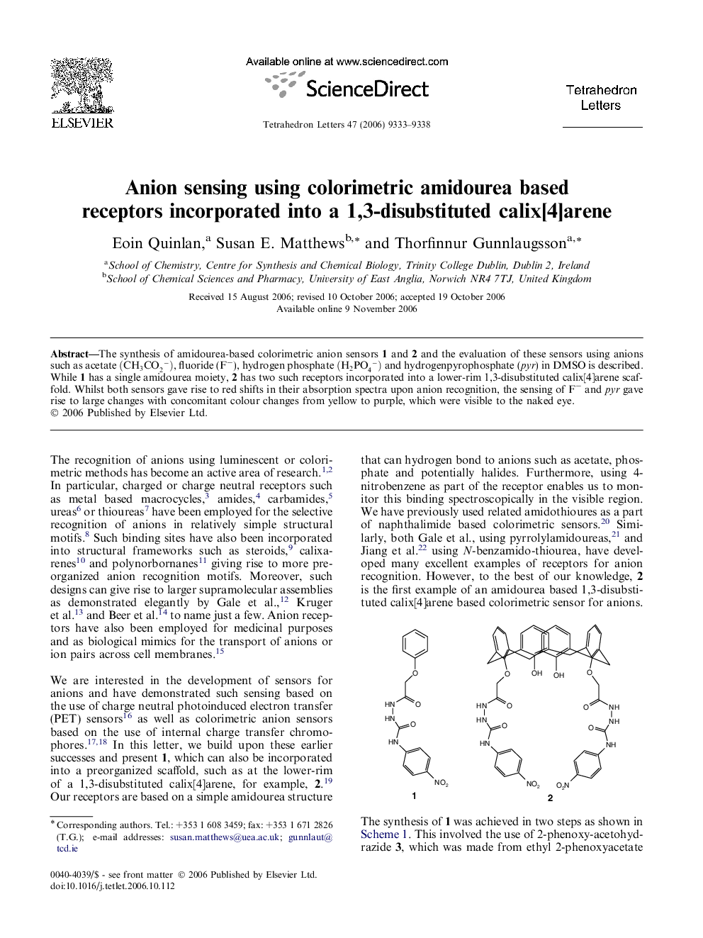 Anion sensing using colorimetric amidourea based receptors incorporated into a 1,3-disubstituted calix[4]arene