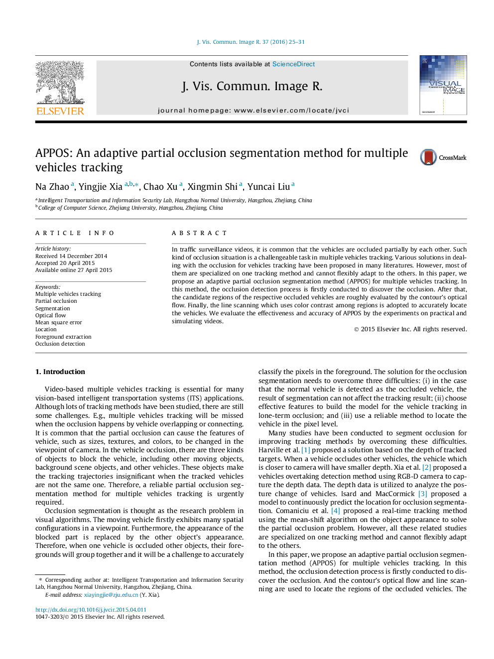 APPOS: An adaptive partial occlusion segmentation method for multiple vehicles tracking