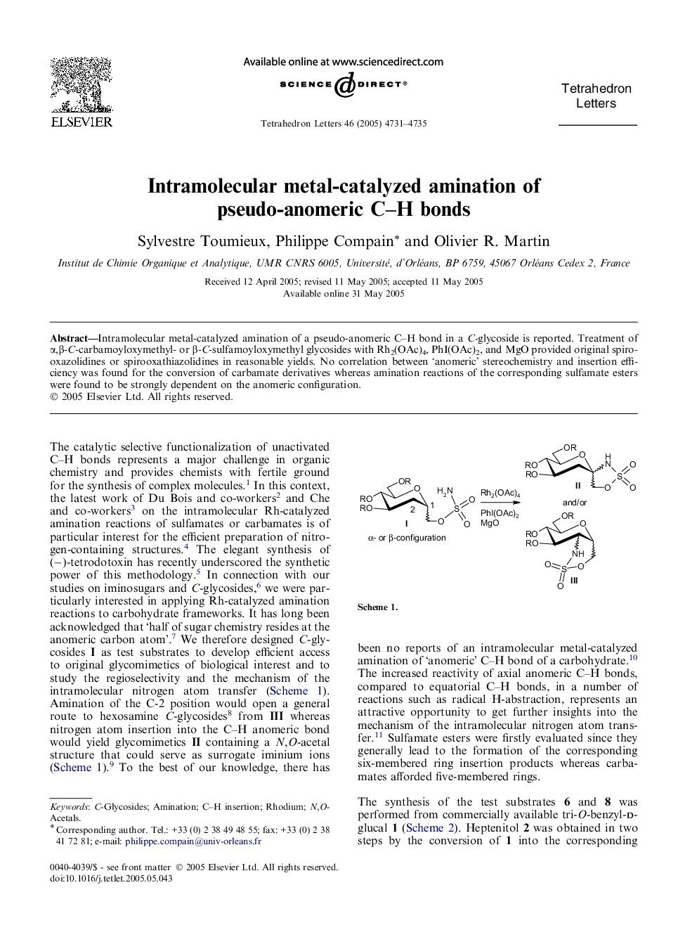 Intramolecular metal-catalyzed amination of pseudo-anomeric C-H bonds