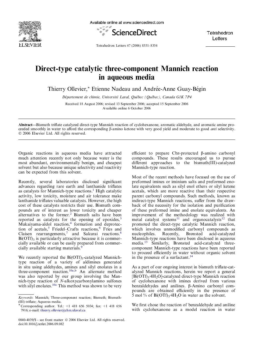 Direct-type catalytic three-component Mannich reaction in aqueous media