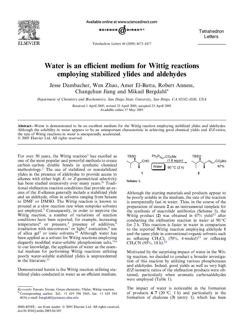 Water is an efficient medium for Wittig reactions employing stabilized ylides and aldehydes
