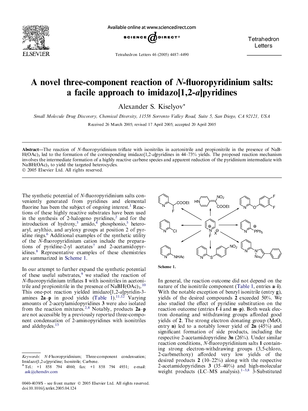 A novel three-component reaction of N-fluoropyridinium salts: a facile approach to imidazo[1,2-a]pyridines